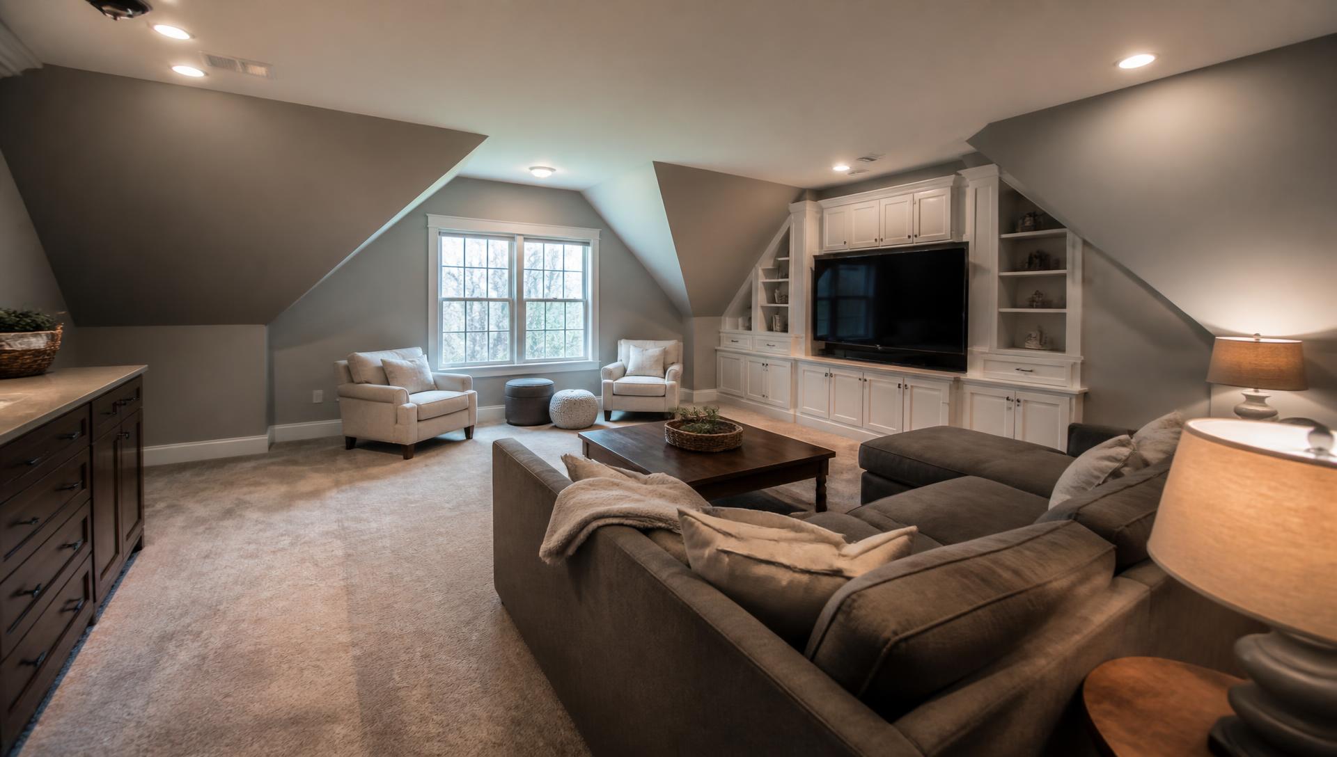 Finished bonus room above a garage with built-ins and dormer window