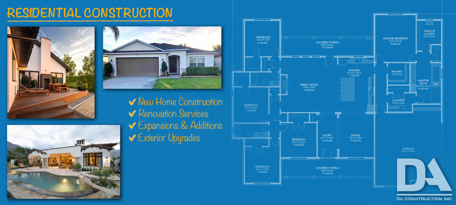 Promotional banner for DA Construction Inc. featuring residential construction services. The image displays three high-quality photos of homes representing new home construction, renovations, and expansions with exterior upgrades. On the right, there's a detailed architectural blueprint of a residential house layout including a master bedroom, kitchen, dining area, great room, and garage with dimensions. The left side lists services offered with check marks: New Home Construction, Renovation Services, Expansions & Additions, and Exterior Upgrades. The company logo is prominently displayed in the bottom right corner on a white background.